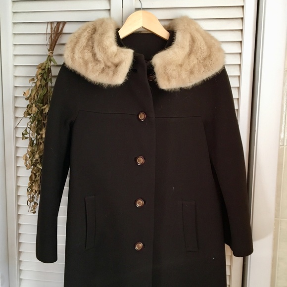 {Vintage} Fur Collar 60's Style Wool Button Coat 4 - Picture 6 of 8